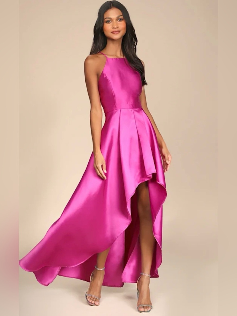Lulu's Fuchsia High-Low Satin Halter Dress